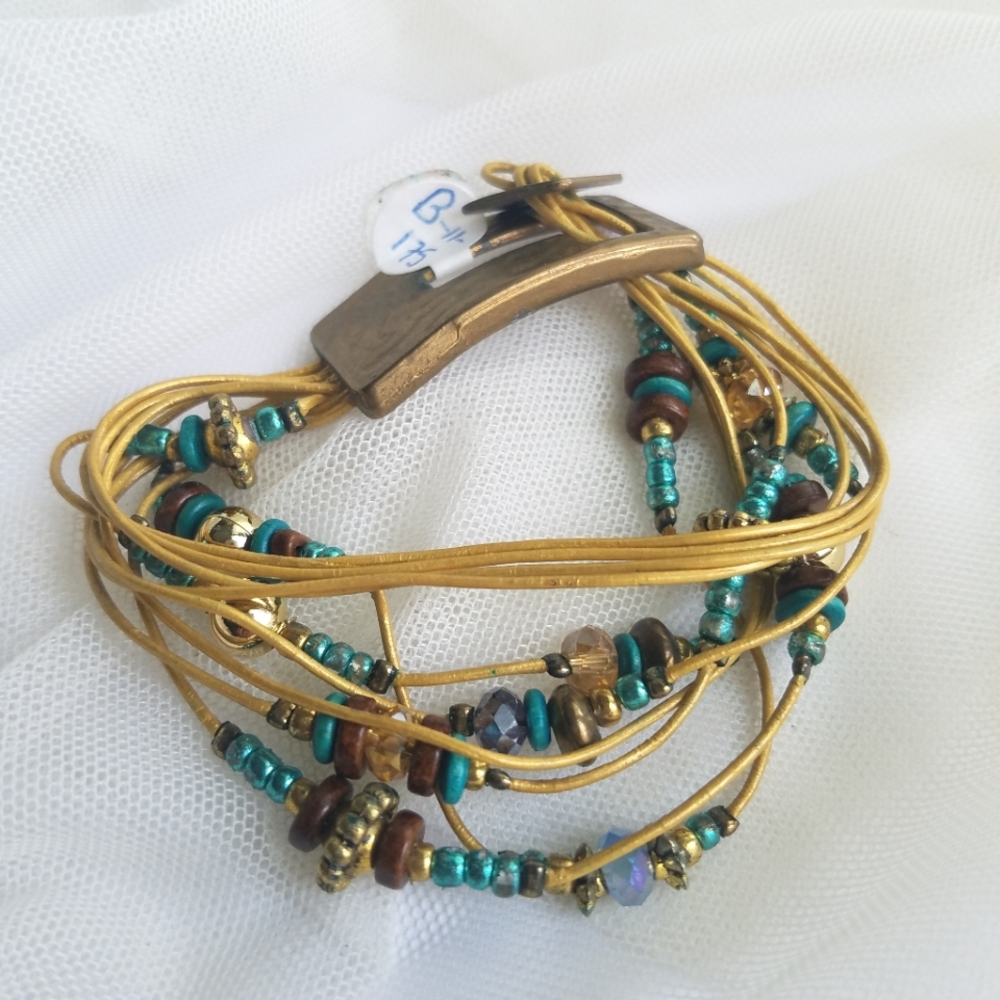 Genuine Leather Brass Closure Multimedia Beaded Bracelet Handmade NWT